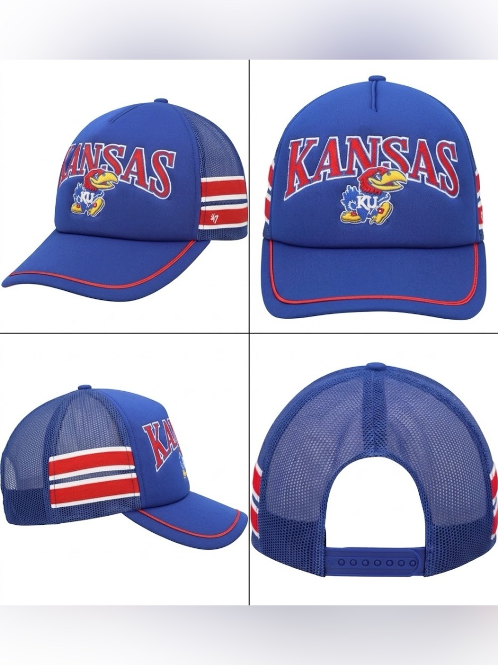 '47 Kansas Jayhawks Blue Trucker Hat with Red & White Accents Embroidered